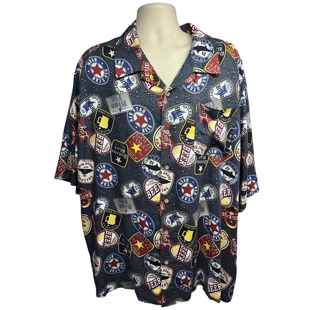 George Mens Vintage Retro Beer All Over Print Blue Button Camp Shirt 3XL Pocket